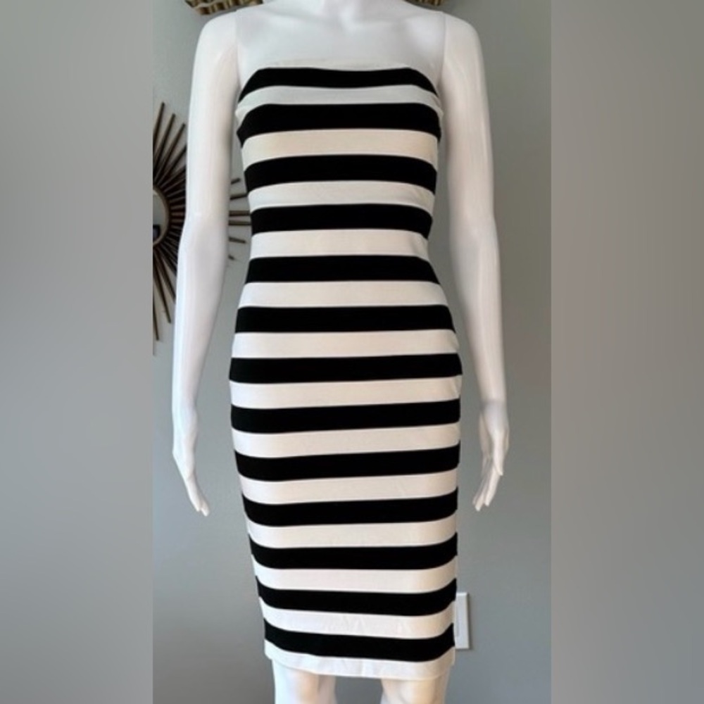 Express Strapless Black and White Striped Bodycon Dress